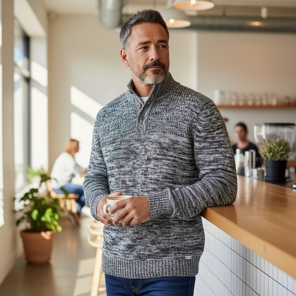 JB Holt Men's Speckled Knit 1/4 zip Mock Neck Button Up Cotton Sweater Classic L